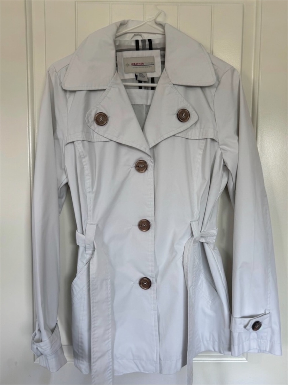 Weather Tamer White Trench Coat Women’s Medium Lightweight Button Front Jacket